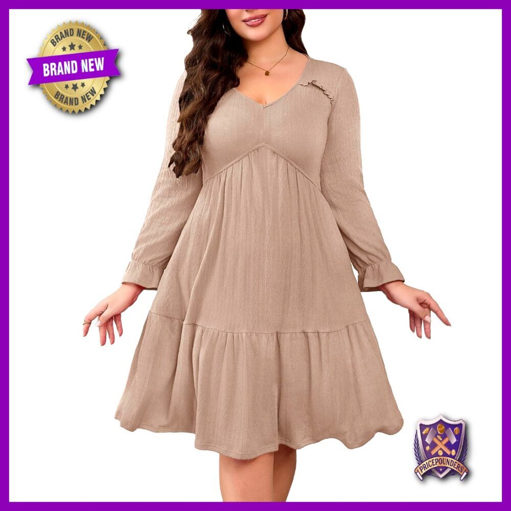 Plus Size Midi Dress Long Sleeve V Neck A Line Ruffle Pockets Fall Winter